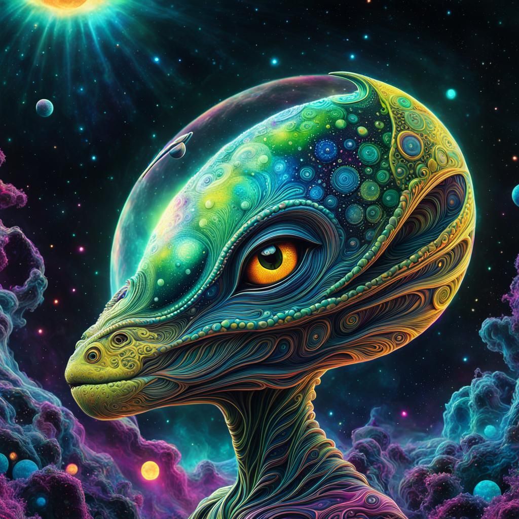Alien Portrait with Nebula Background in Holographic Style