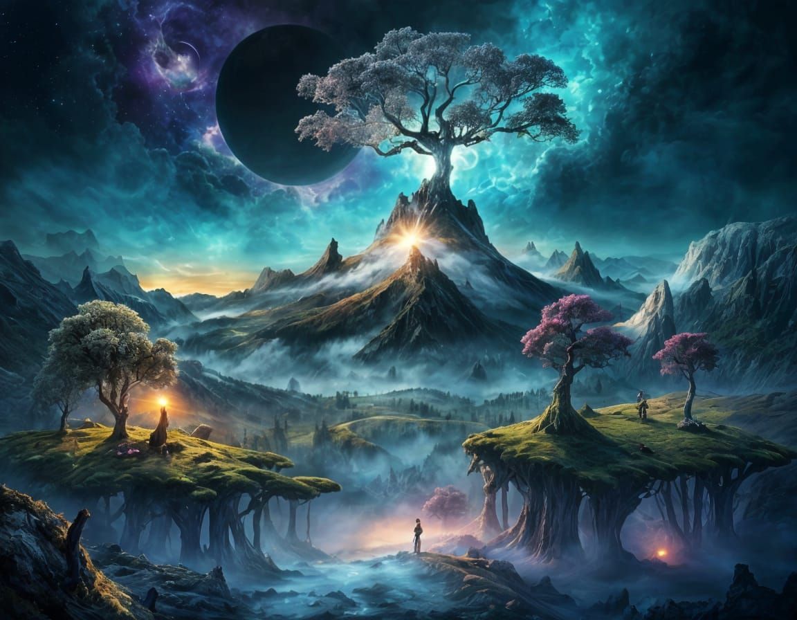 Surreal Misty Mountain Landscape with Cosmic Illustration