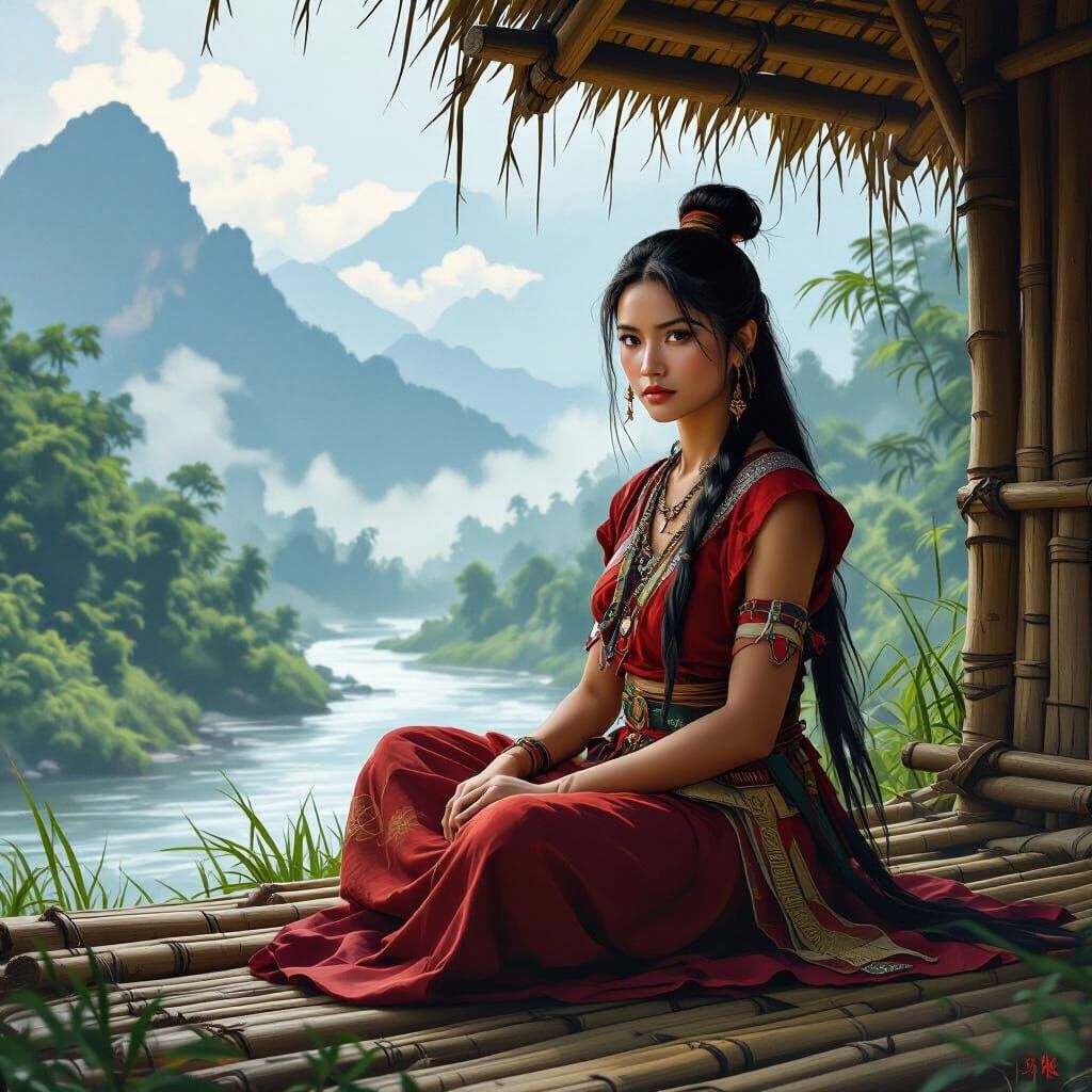 Karen Warrior in Bamboo Hut, Fantasy Digital Painting