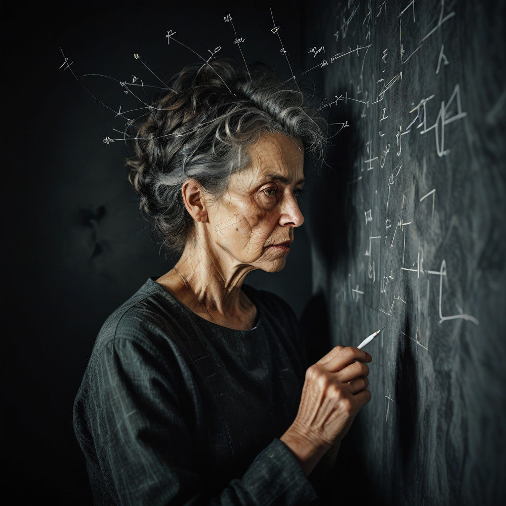 Contemplative Woman Lost in Thought, Writing on Wall of Equa...