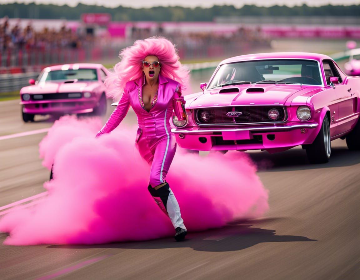 Drag Queen Races Pink Mustang on Circuit