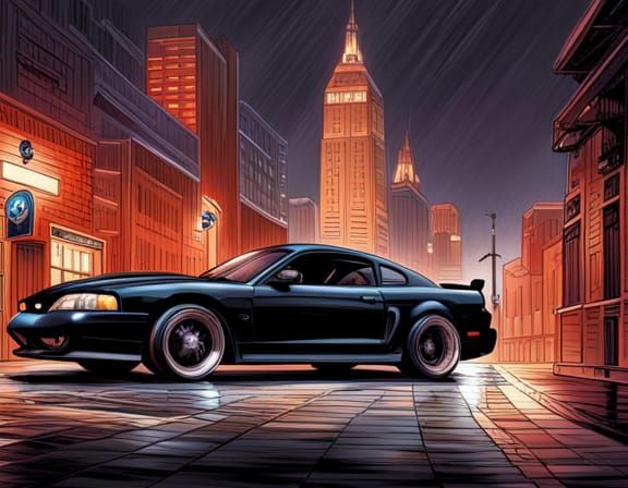 Black Ford Mustang in the Rain, Comic Book Art