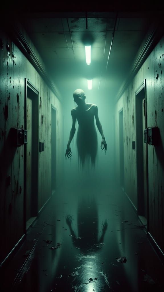 Sinister Horror Demon Emerging From Fog in Abandoned Hospita...
