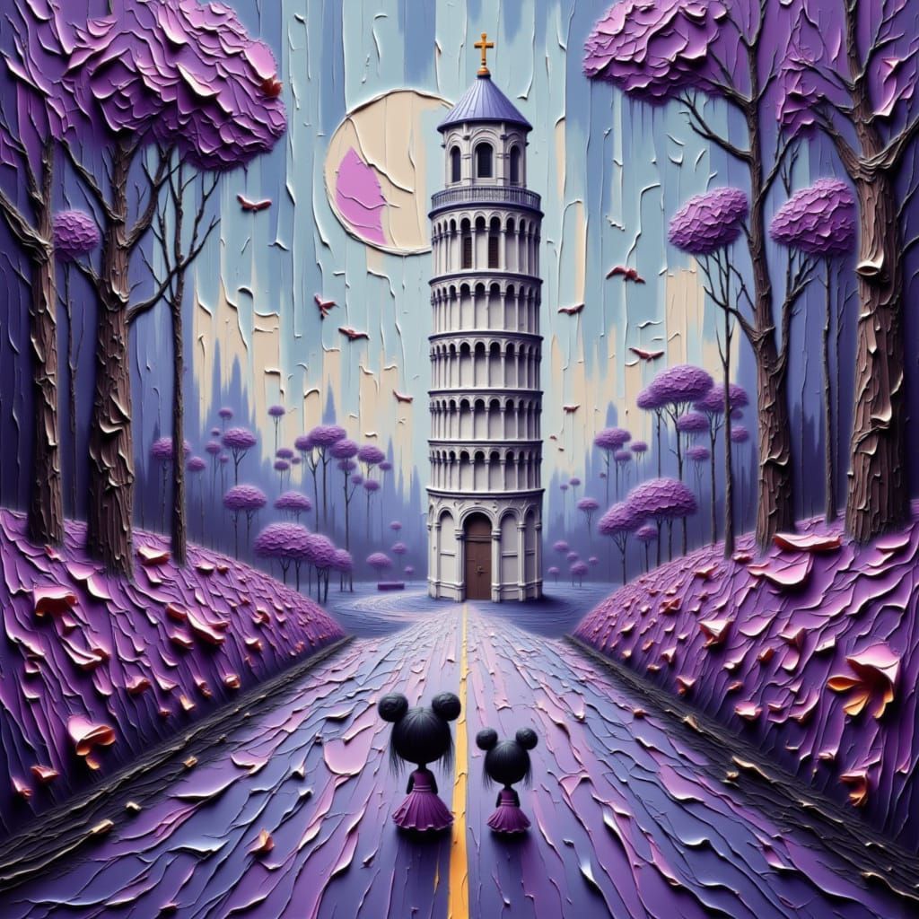 Distorted 50s Road with Leaning Tower in Glitch Art