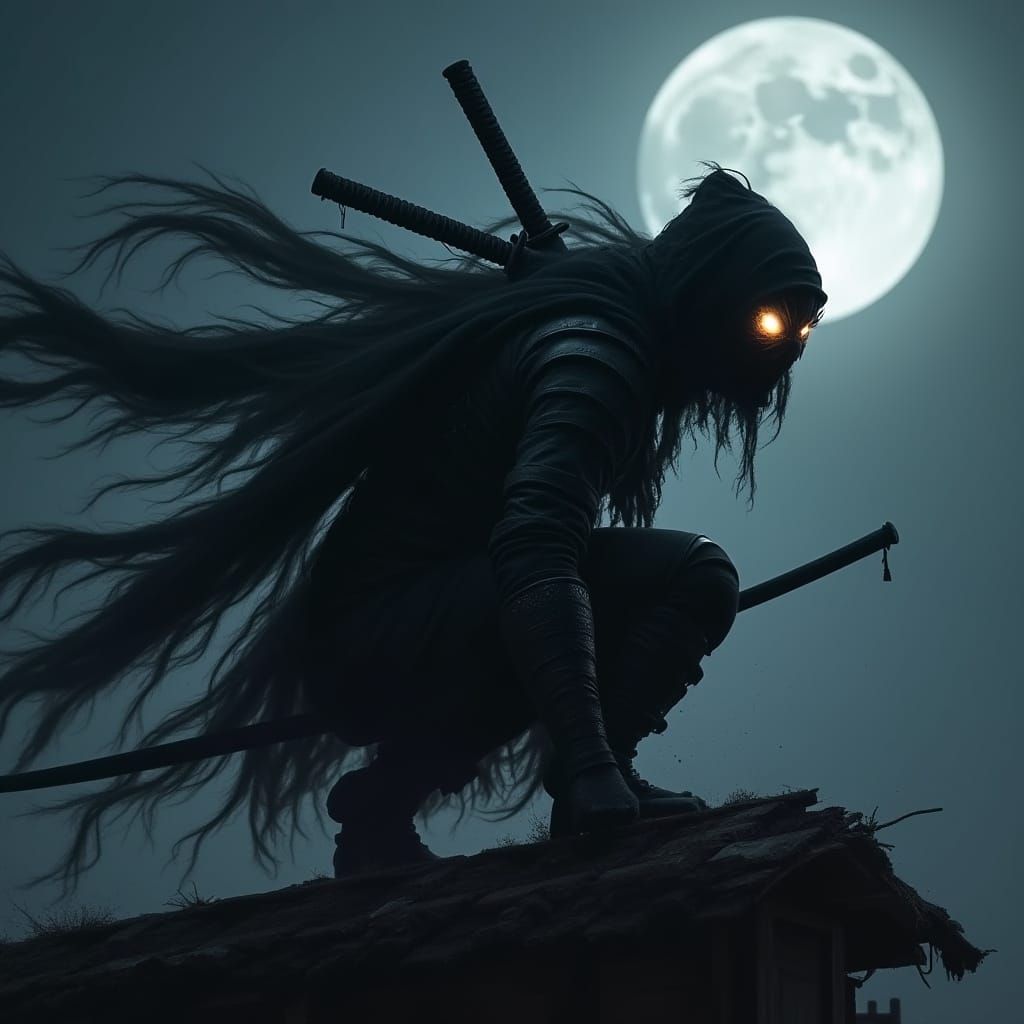 Surreal Ninja Silhouette Under Moonlit Night Sky