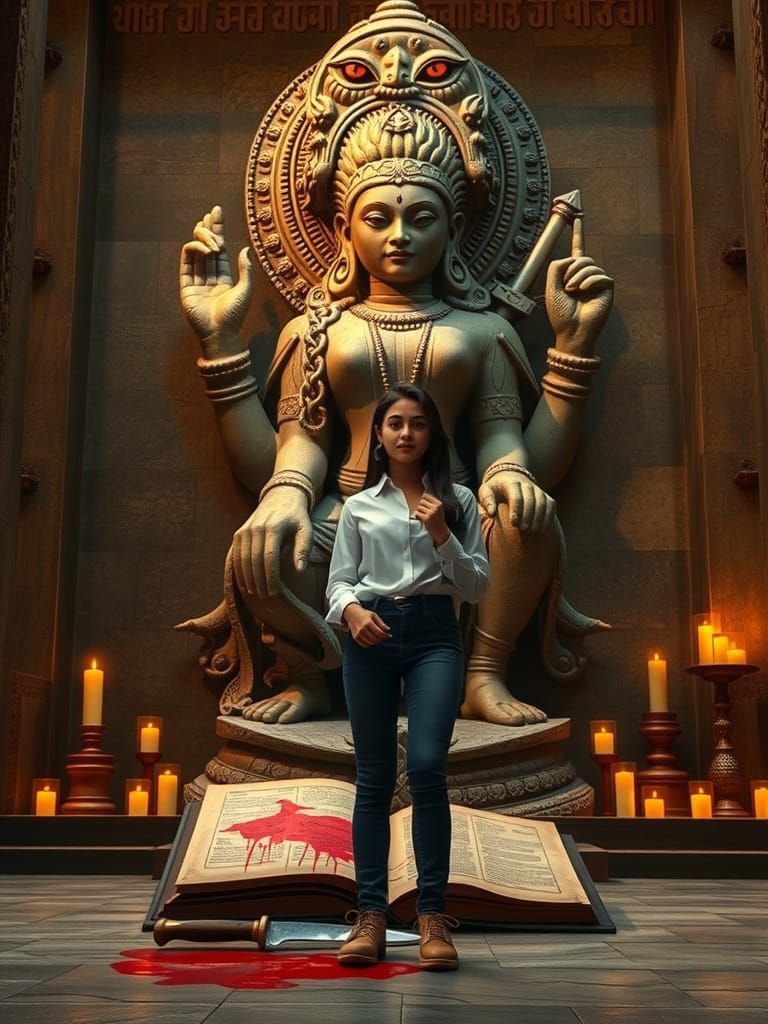 Woman Before Hyper-Realistic Hindu Goddess Idol