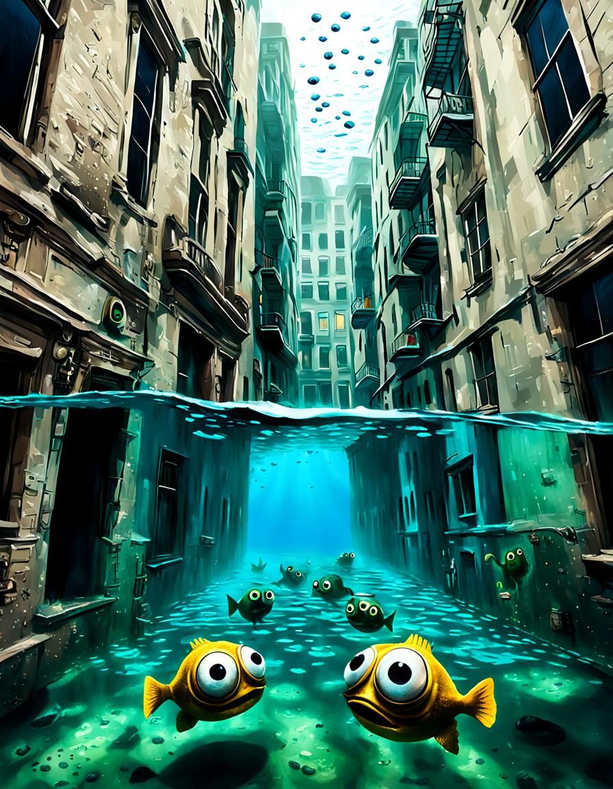 Surreal Underwater Cityscape With Googly Eyes