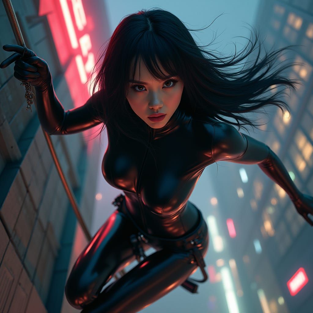 Futuristic Spy Rappels Down Skyscraper in Gritty Cityscape