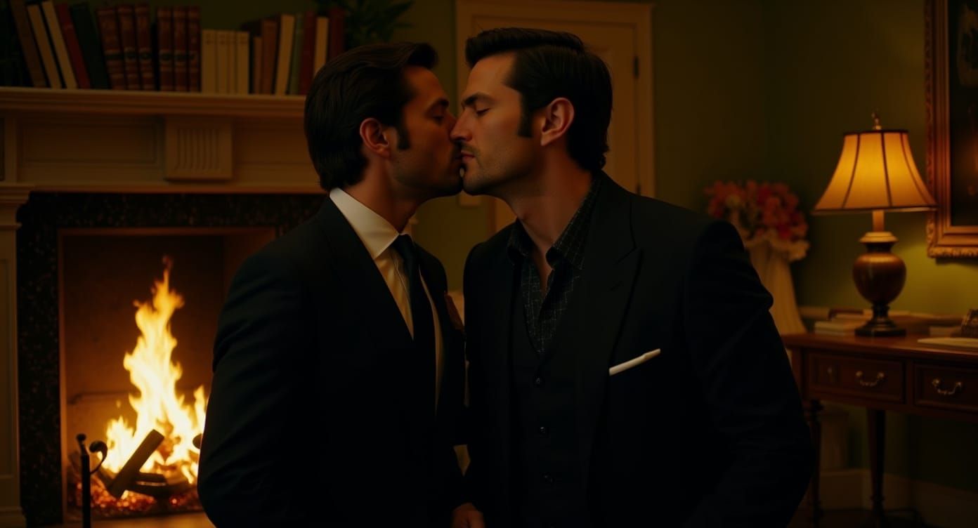 Tender Moment: Two Men Embrace in Cozy Study