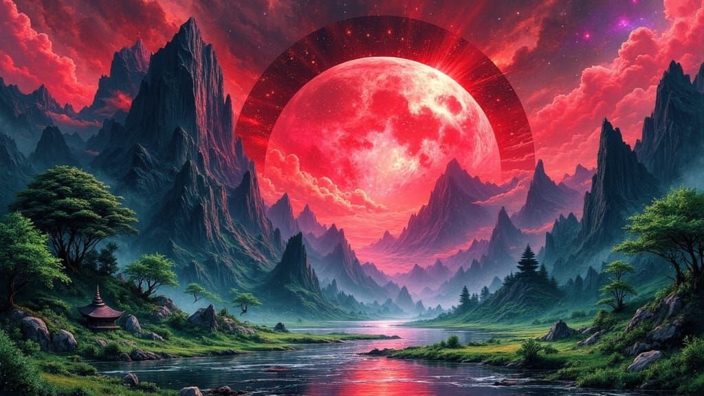 Mystical Portal Landscape with Lush Greenery, Digital Art