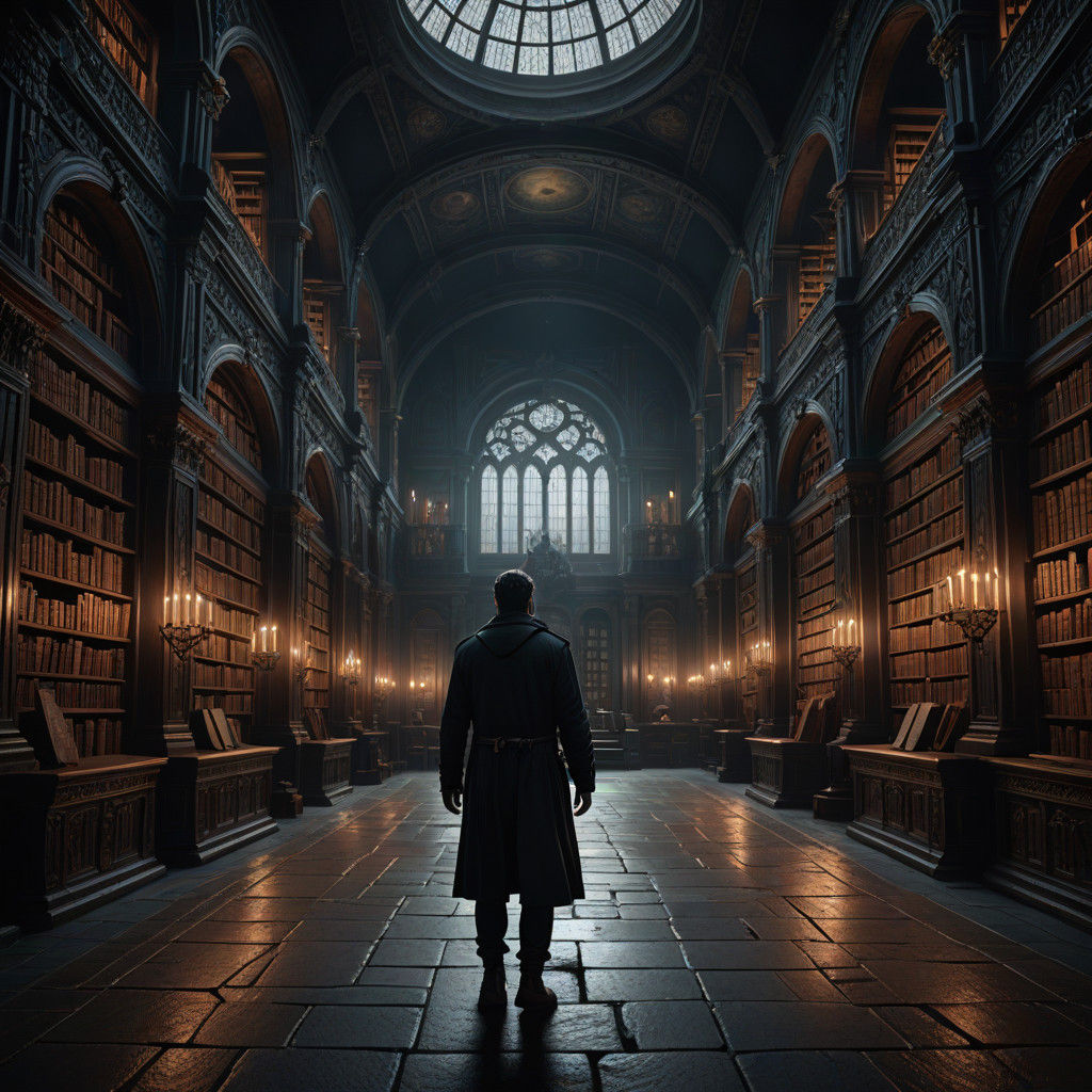 Mysterious Ancient Library in High Contrast Black and White