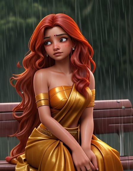 Sad Redhead in the Rain, Golden Saree