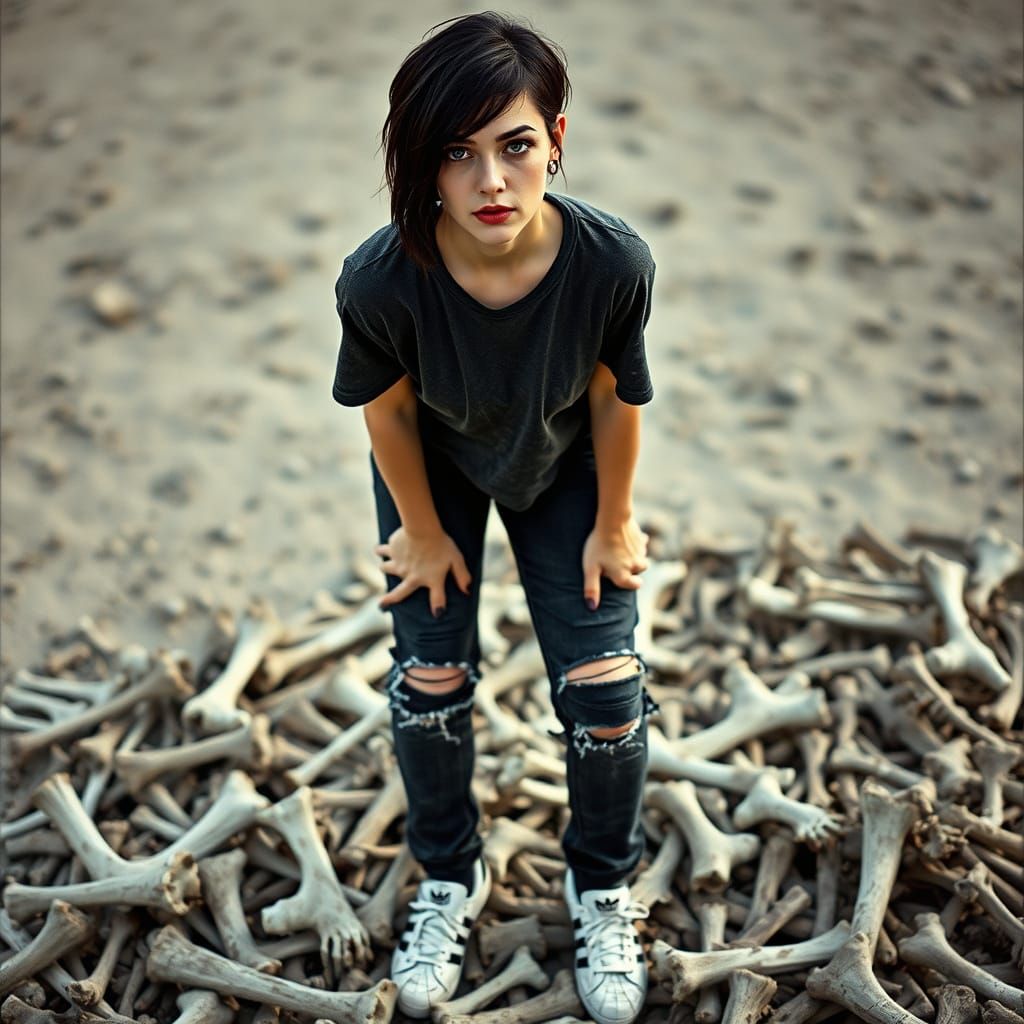 Woman on Bone Pile in Cinematic Film Still