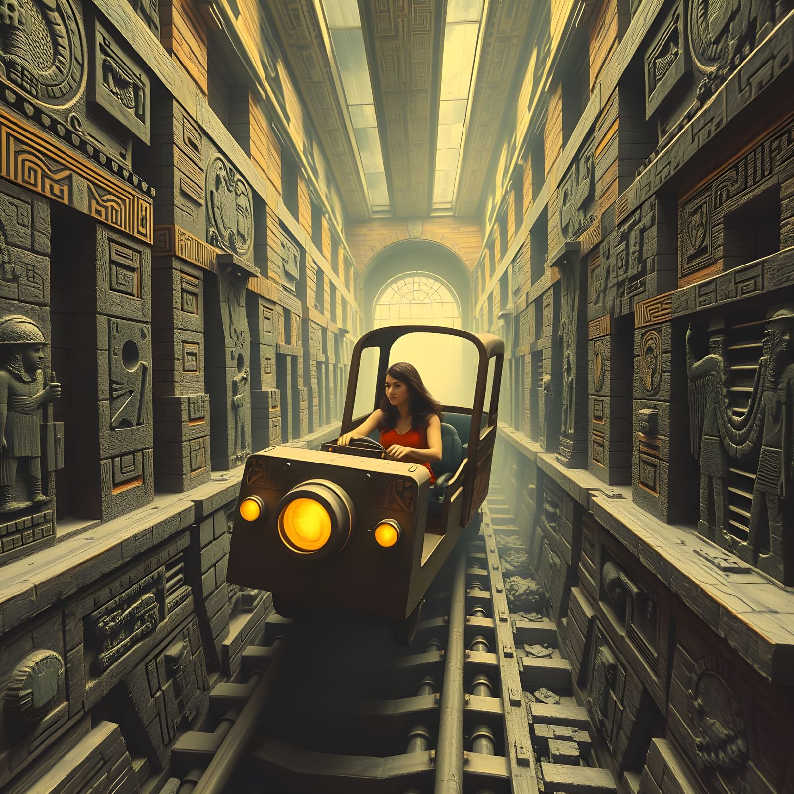 A woman rides in a mine car through a dreamlike crazy surreal dreamlike Escher Aztec Egyptian maze.