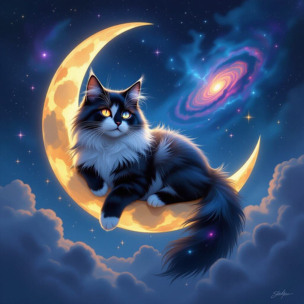 Majestic Galaxy Cat Lounging on Crescent Moon