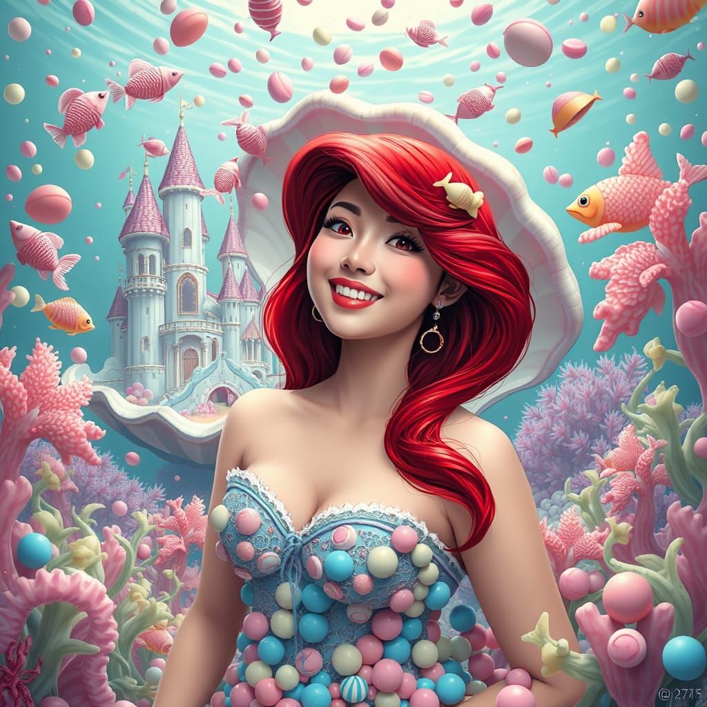 Surreal Ariel Cosplay Surrounded by Pastel Candies