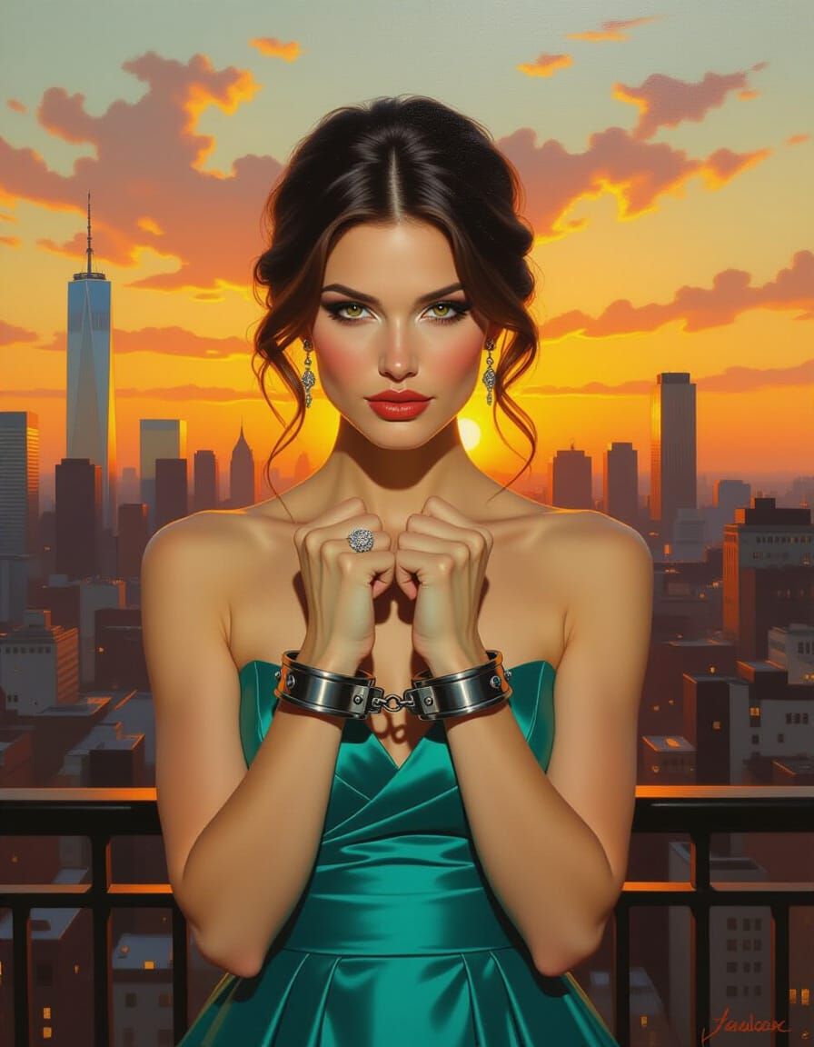 Urban Woman in Handcuffs: Fine Art Oil Painting