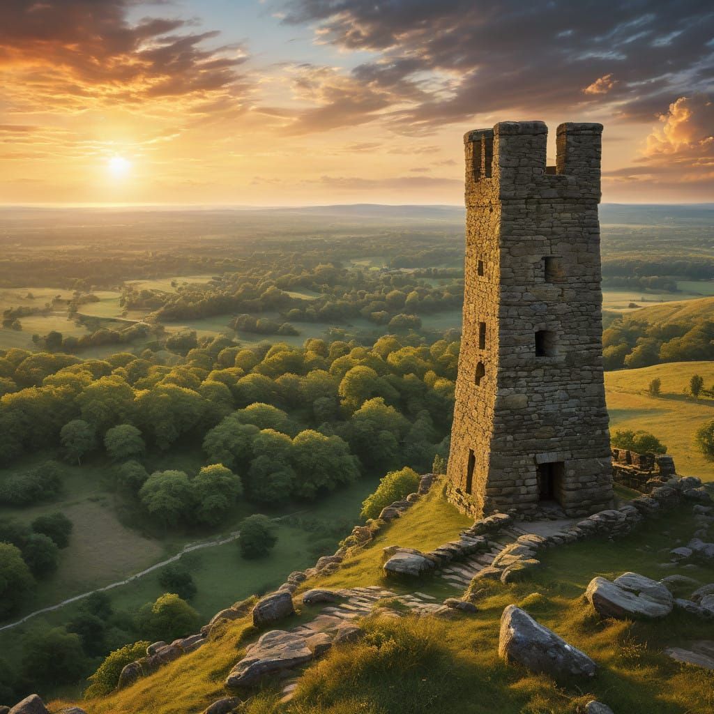 Peaceful Sunset Scene from Ancient Stone Tower