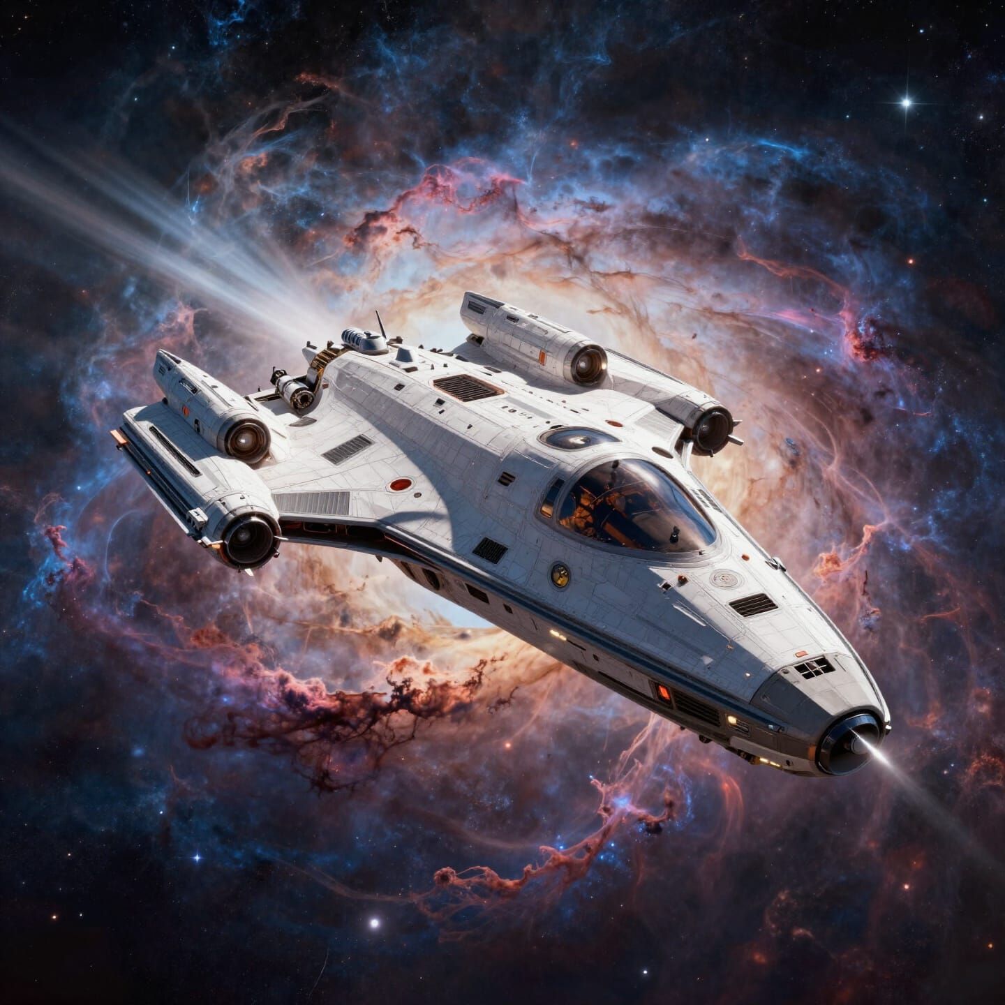 Sleek Spaceship Soars Through Cosmic Nebula in Hyperrealisti...