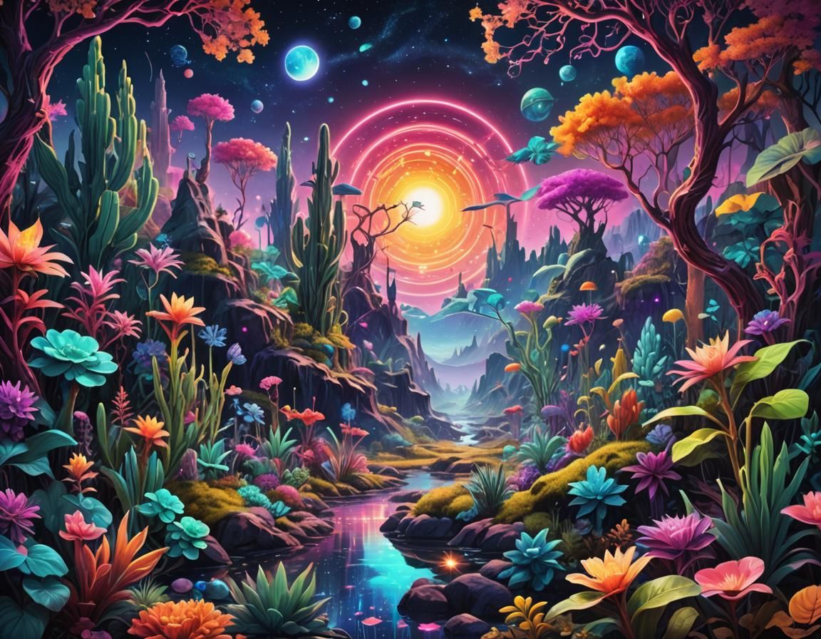 Neon Fantasy Landscape: A Cosmic Astral Illustration