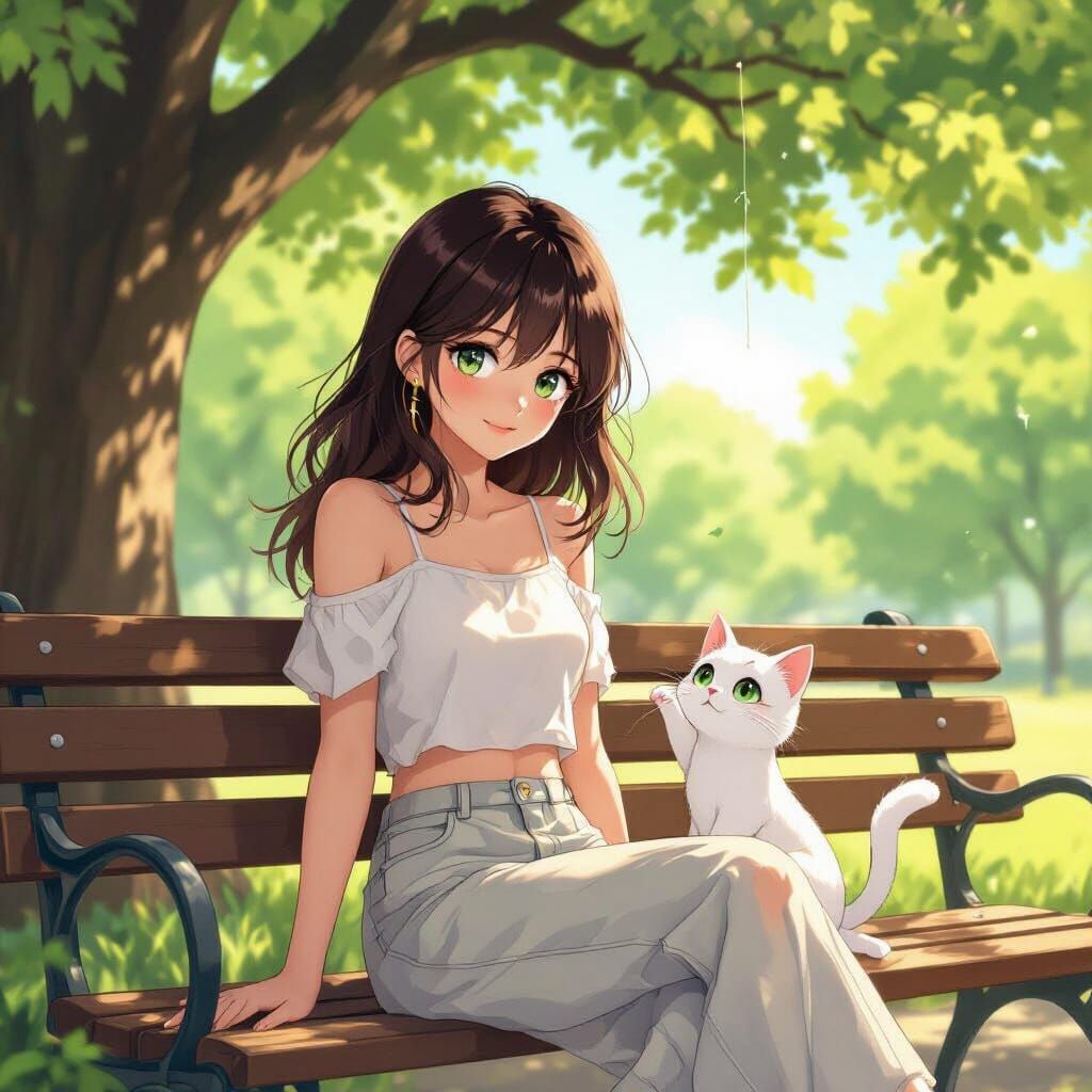 Teen Girl with White Cat in Park, Anime Style