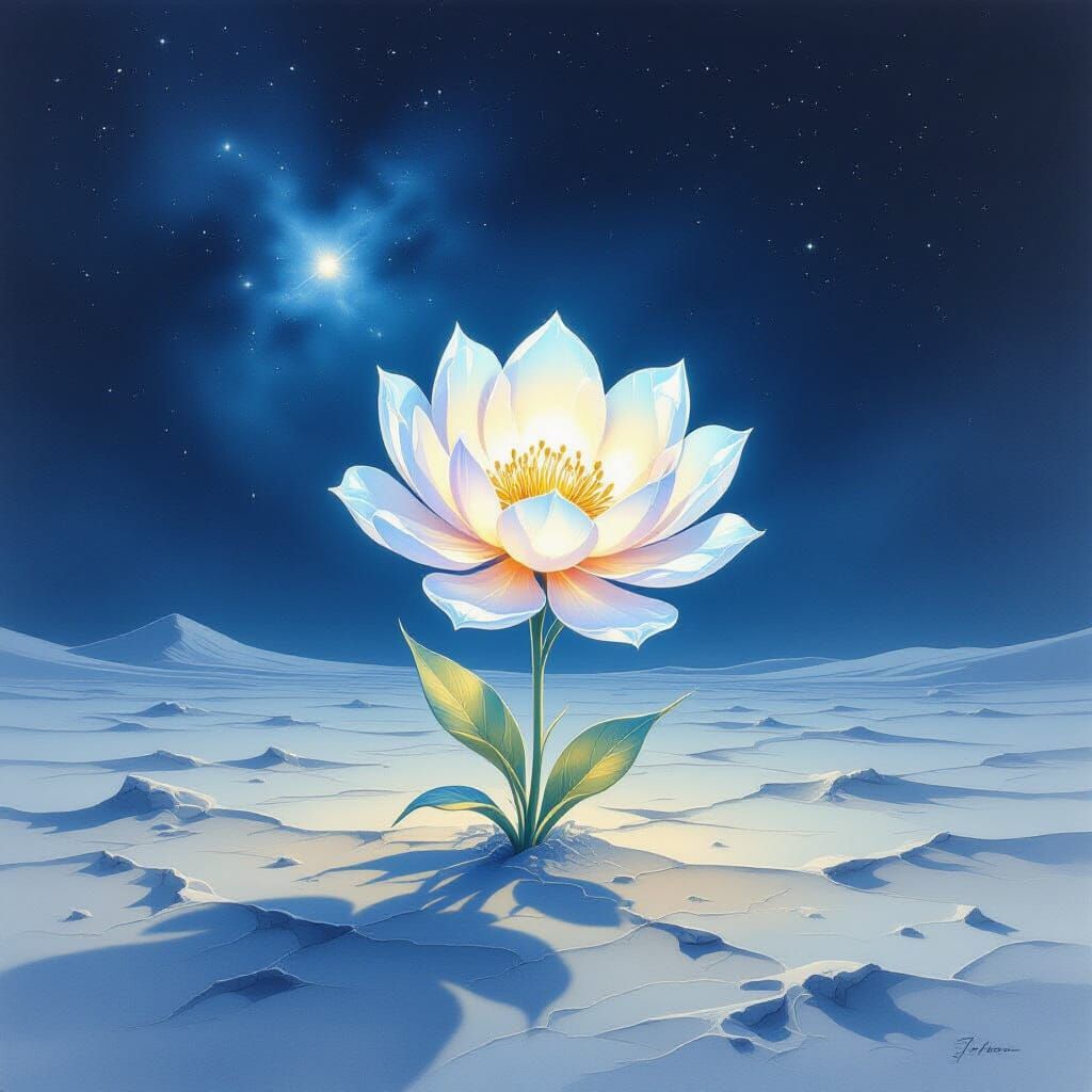 Bioluminescent Flower on Moonscape in Ethereal Nebula Glow