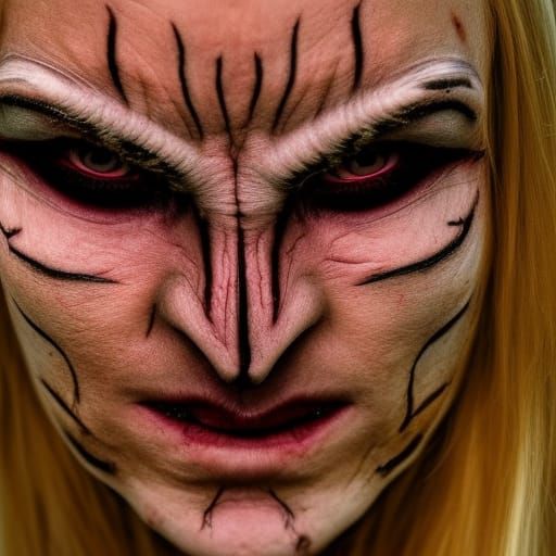 Hyperrealistic Female Demon with Horns and Evil Eyes