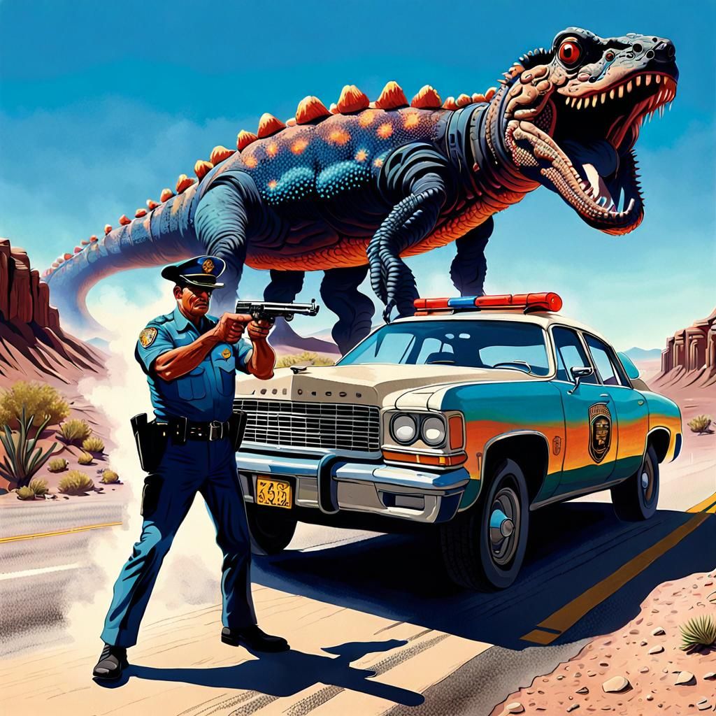 Highway Patrolman vs Giant Gila Monster, Action Painting