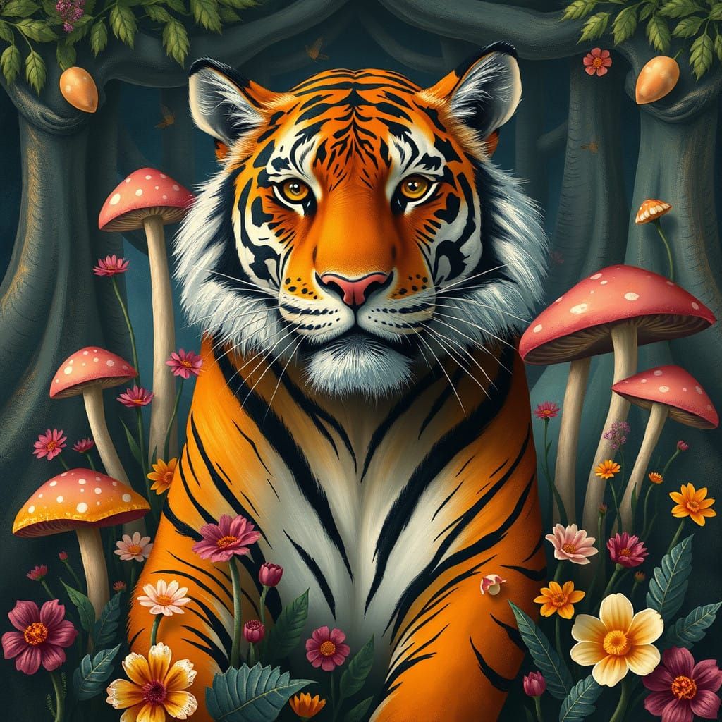 Surreal Tiger in Whimsical Wonderland Landscape