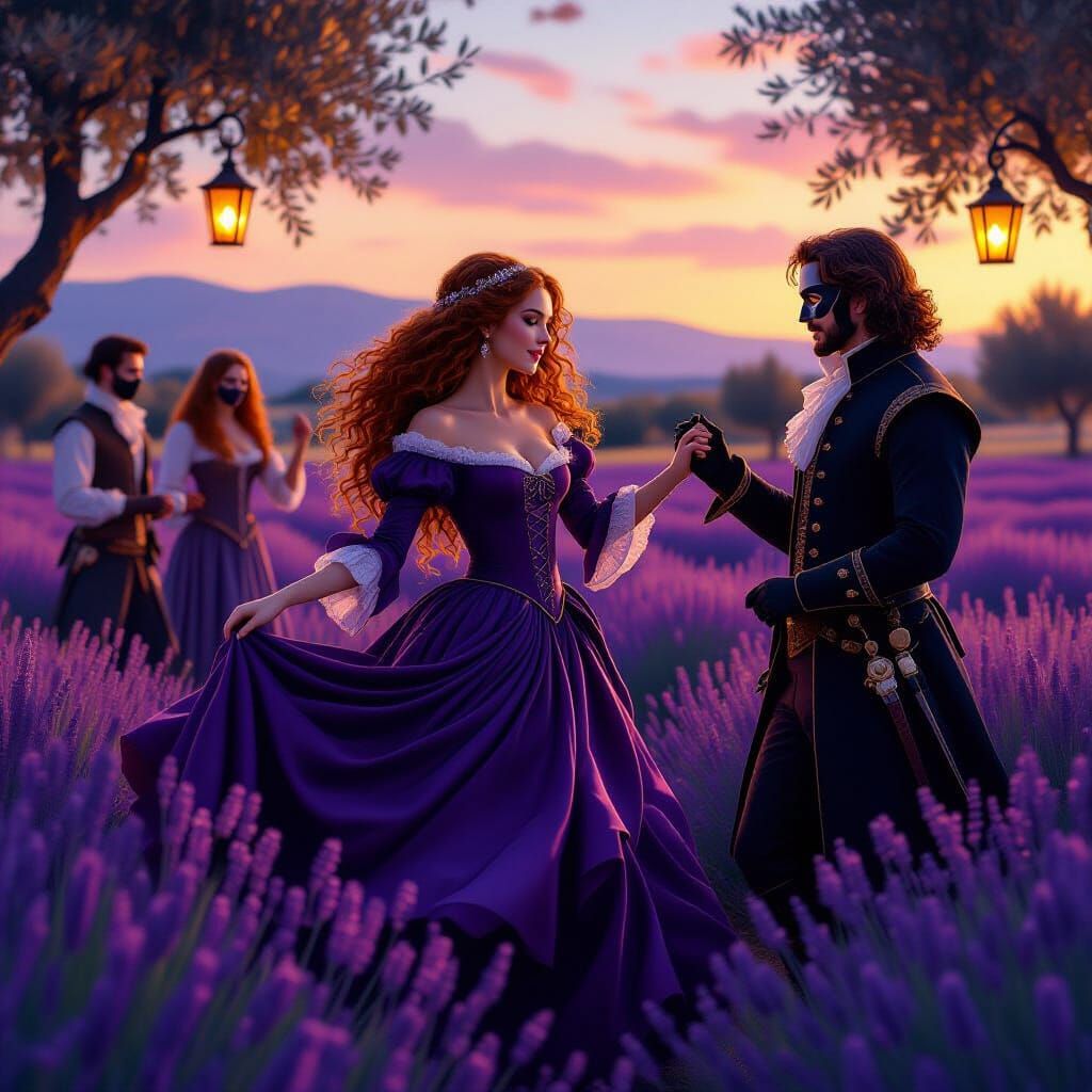 Masquerade Ball in Lavender Field, Dreamy Surreal Art