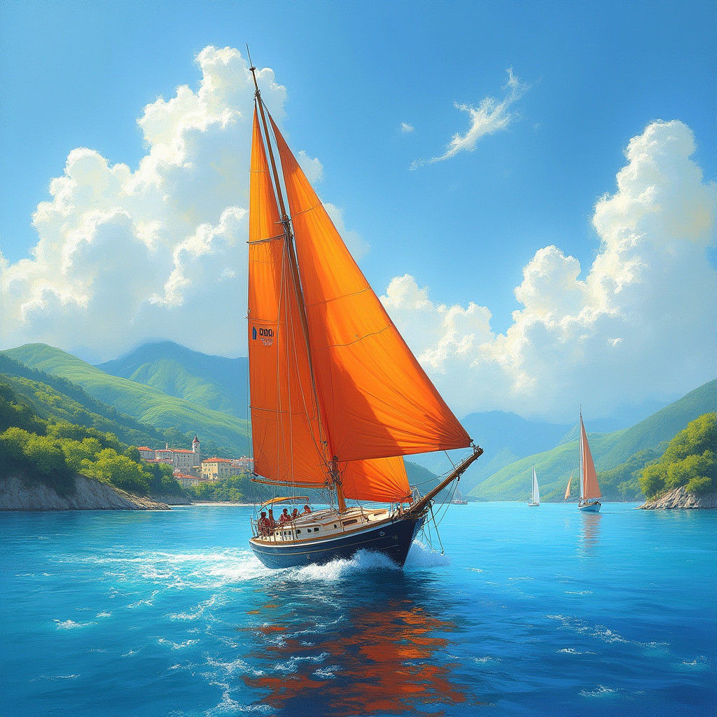 Orange Sailboat on Azure Waters, Impressionistic Style
