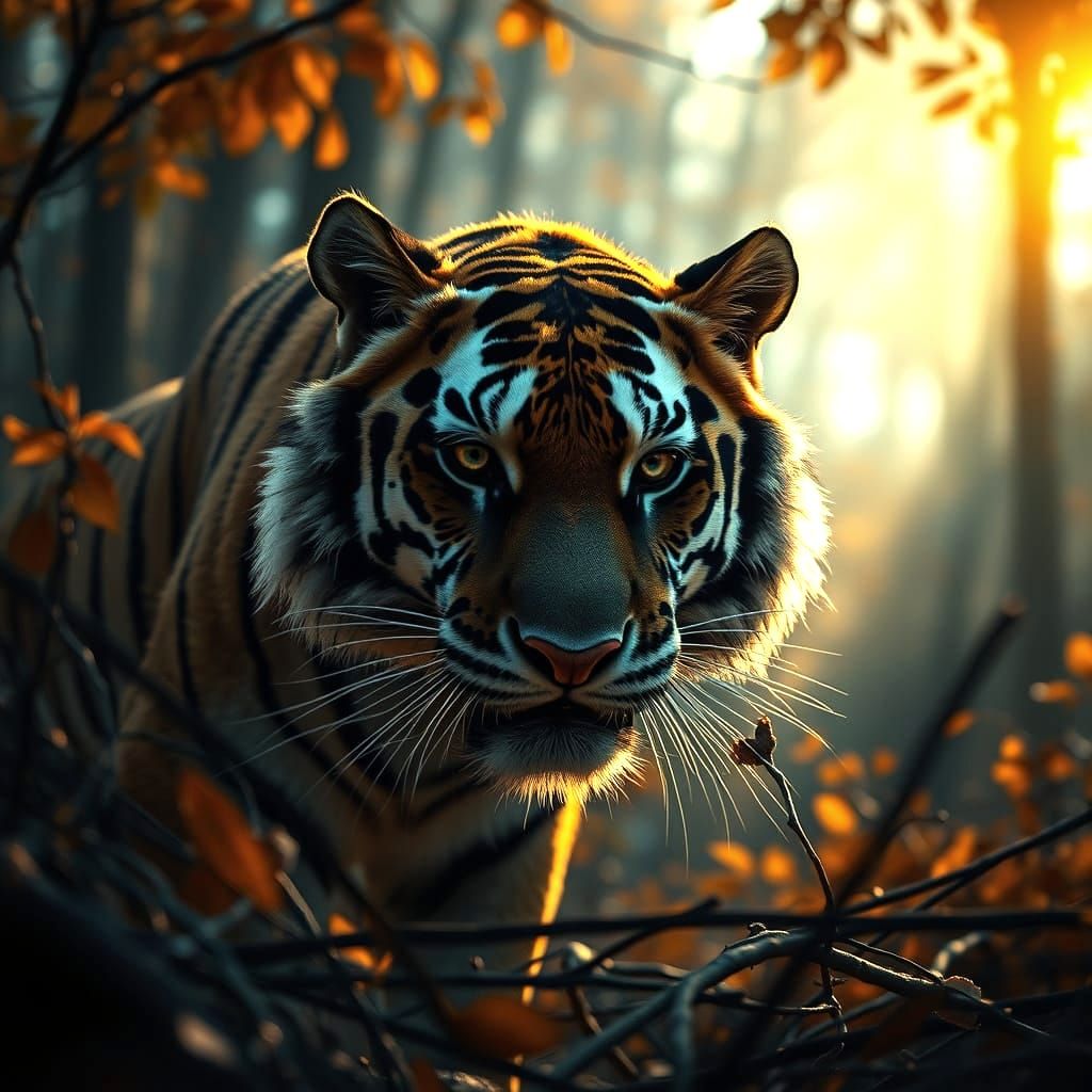 A cinematic photorealistic shot of a fierce tiger in an autumn forest, golden hour light filtering through the trees, su...