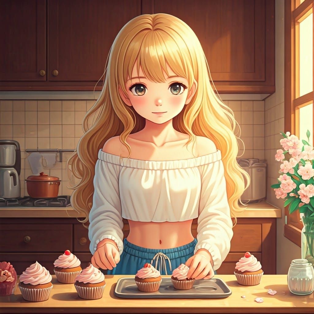 Girl Baking Cupcakes in Ghibli Anime Style