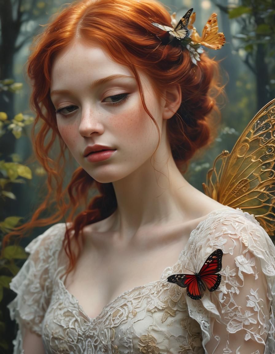 Enchanting Red Haired Fairy in Lush Forest Glade