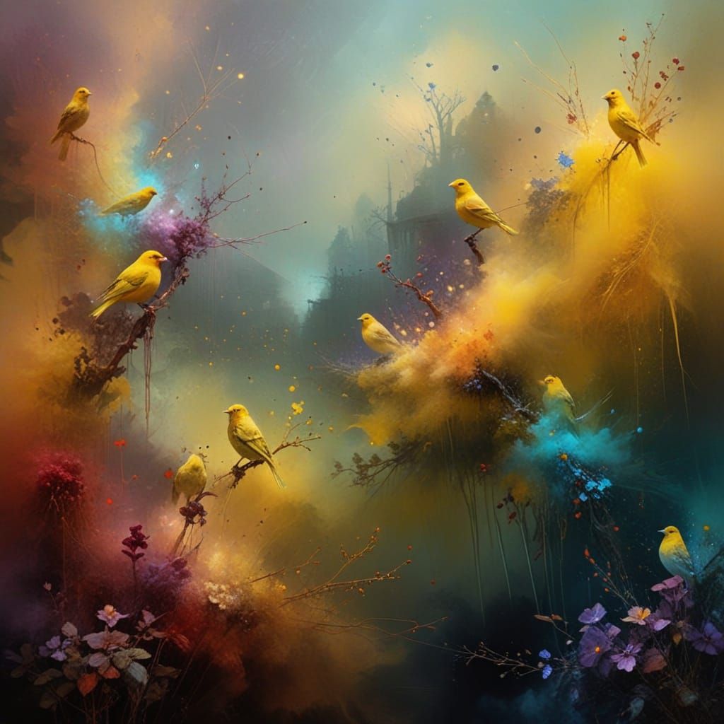 Vibrant Canaries Amidst a Kaleidoscope of Colors in a Nightt...