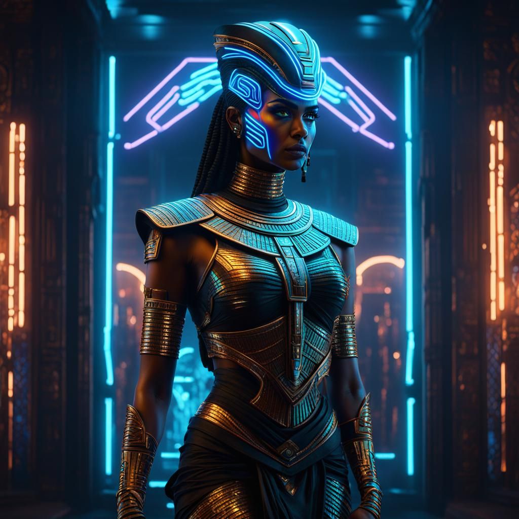Egyptian Warrior Woman in Neon Cyberpunk Style