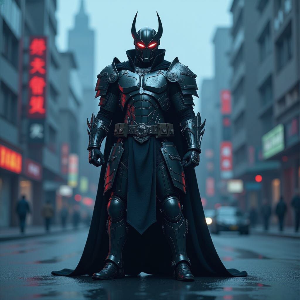 Armored Hero in Dystopian Cityscape: Cinematic Still