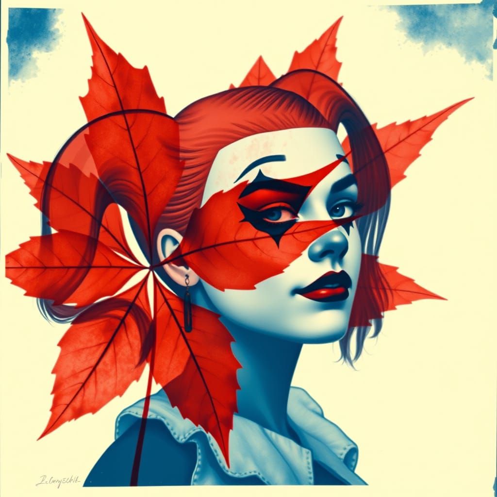 Minimalist Harley Quinn Portrait in Cyanotype Style