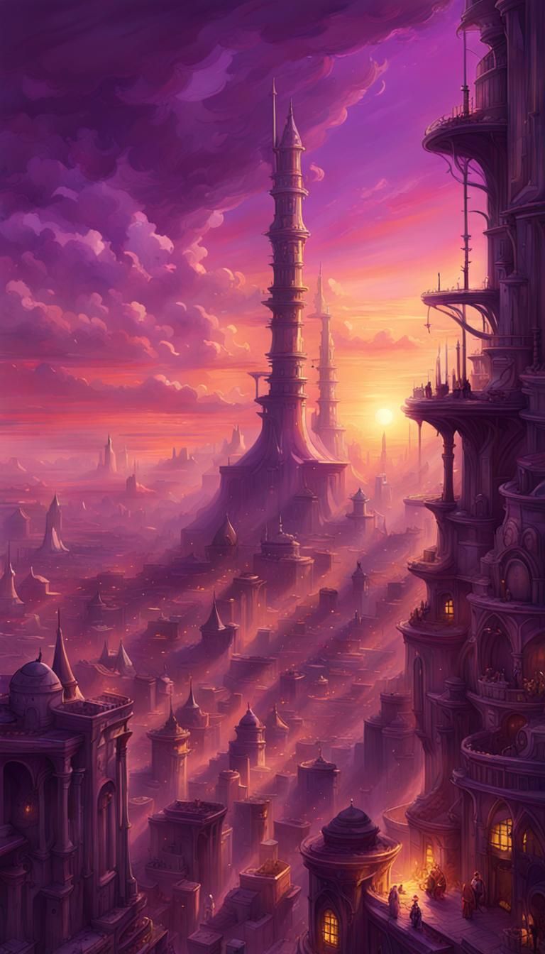 Magical Purple City with Gleaming Towers