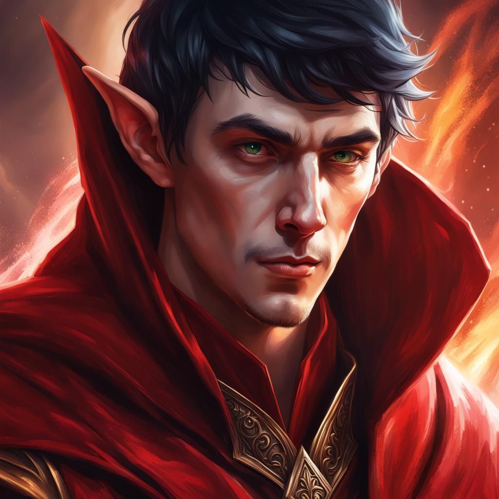 Hyperrealistic Elf Wizard in Red Robes