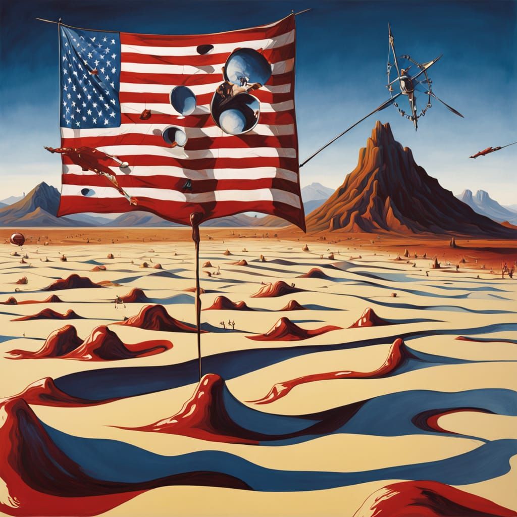Surreal Melting Flag in Dreamlike Landscape