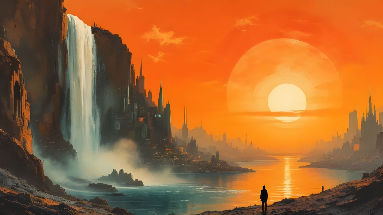 Surreal Cityscape by a Majestic Waterfall in Vibrant Orange ...