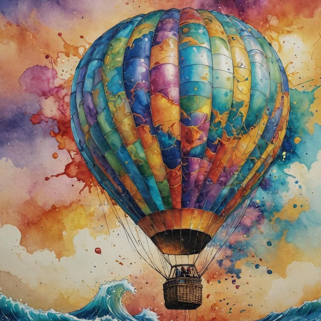 Hot Air Balloon at Sunset: Alcohol Ink Splash Art