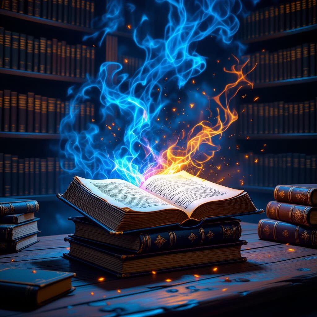 Ancient Spellbook in Dimly Lit Library