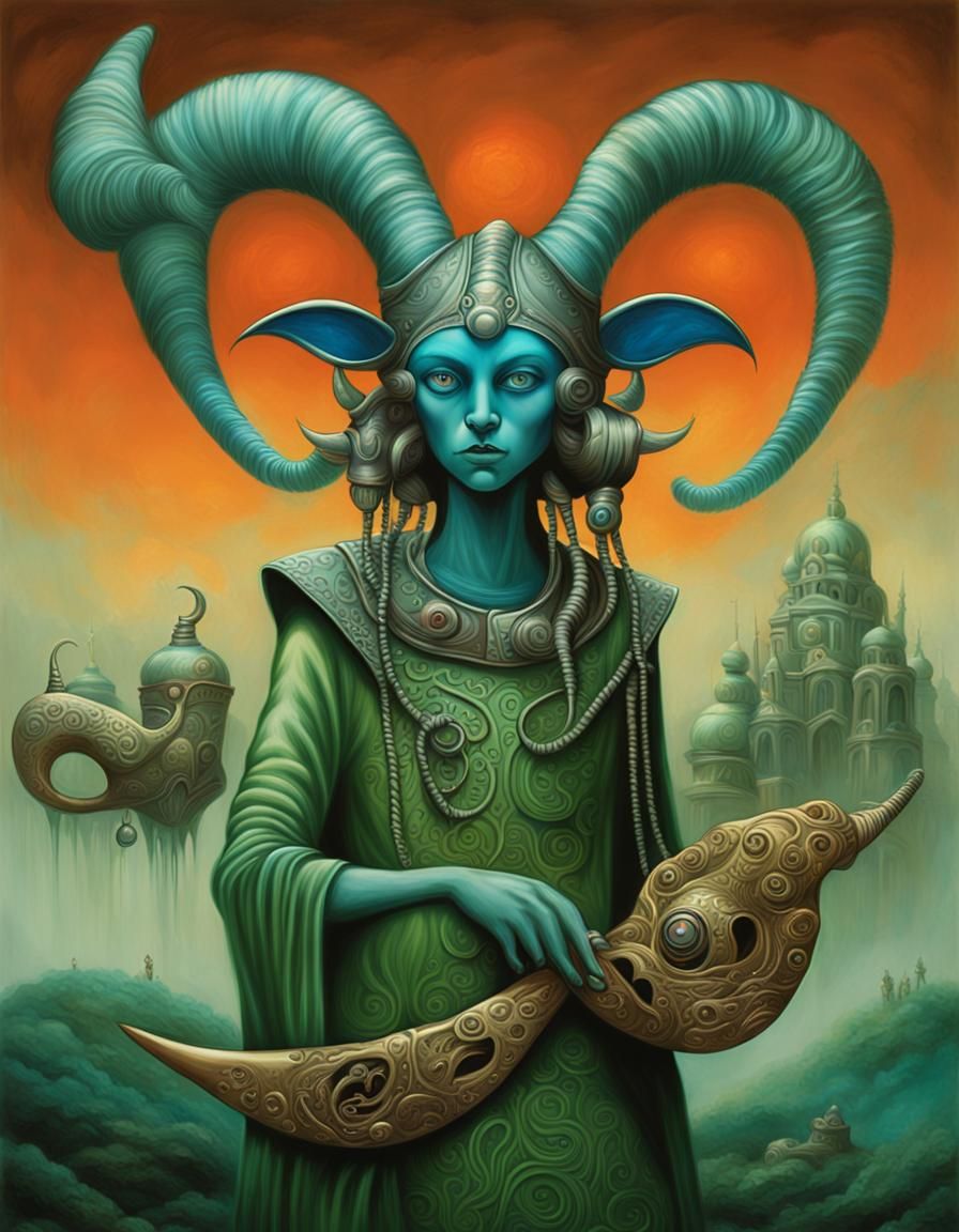 Green Fantasycore Creature with Horned Headdress