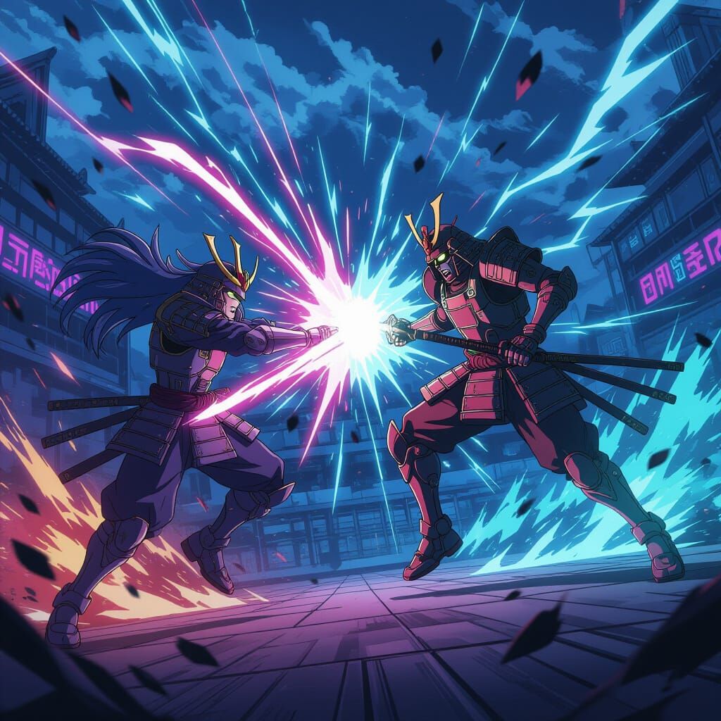 Anime Warrior vs Robot Samurai in Digital Arena