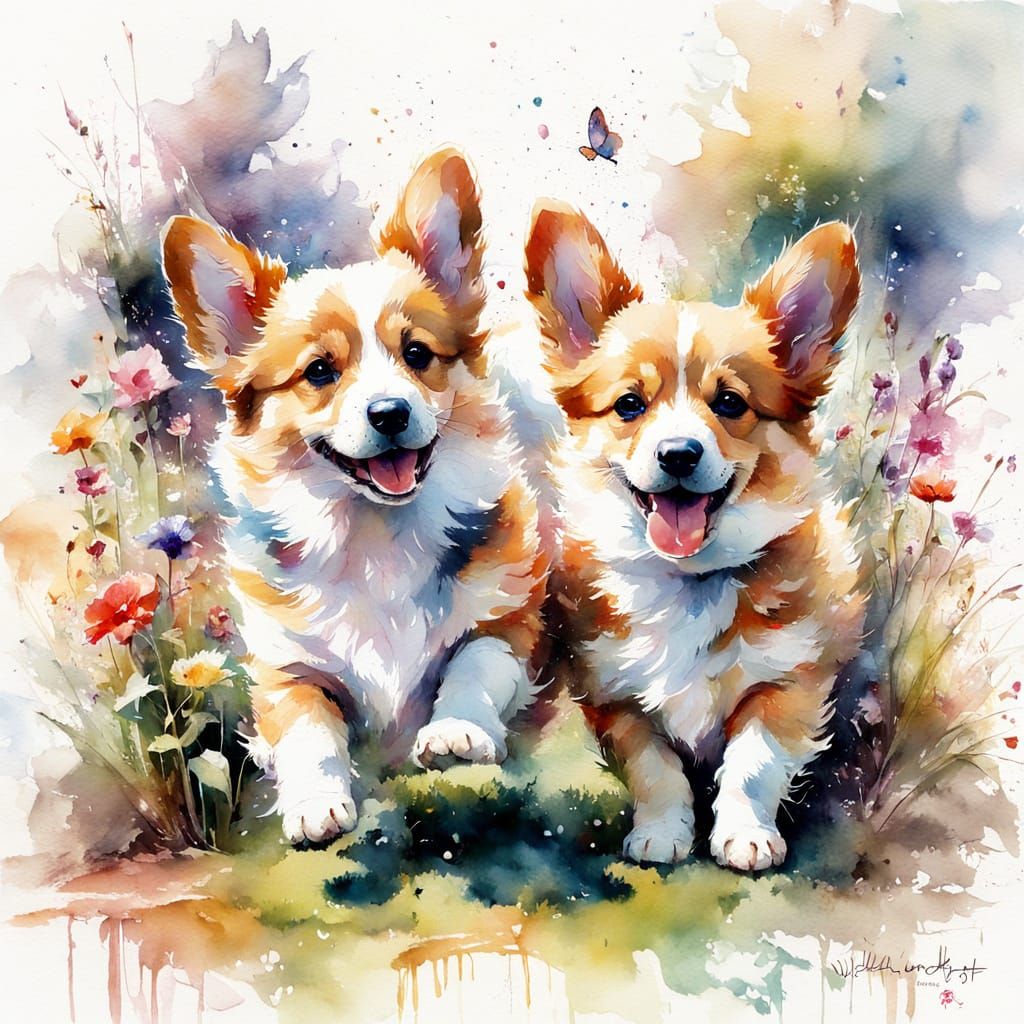 Adorable Corgi Pups Playing in a Garden