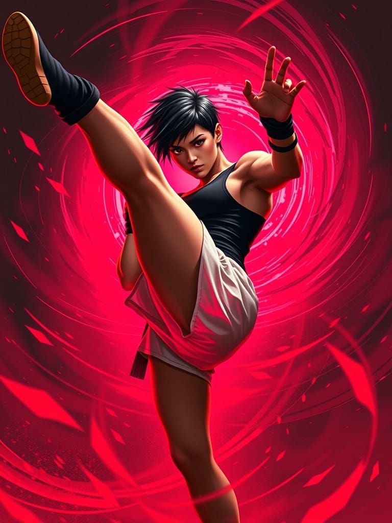Fierce Female Martial Artist Kicks in Swirling Vortex of Red...