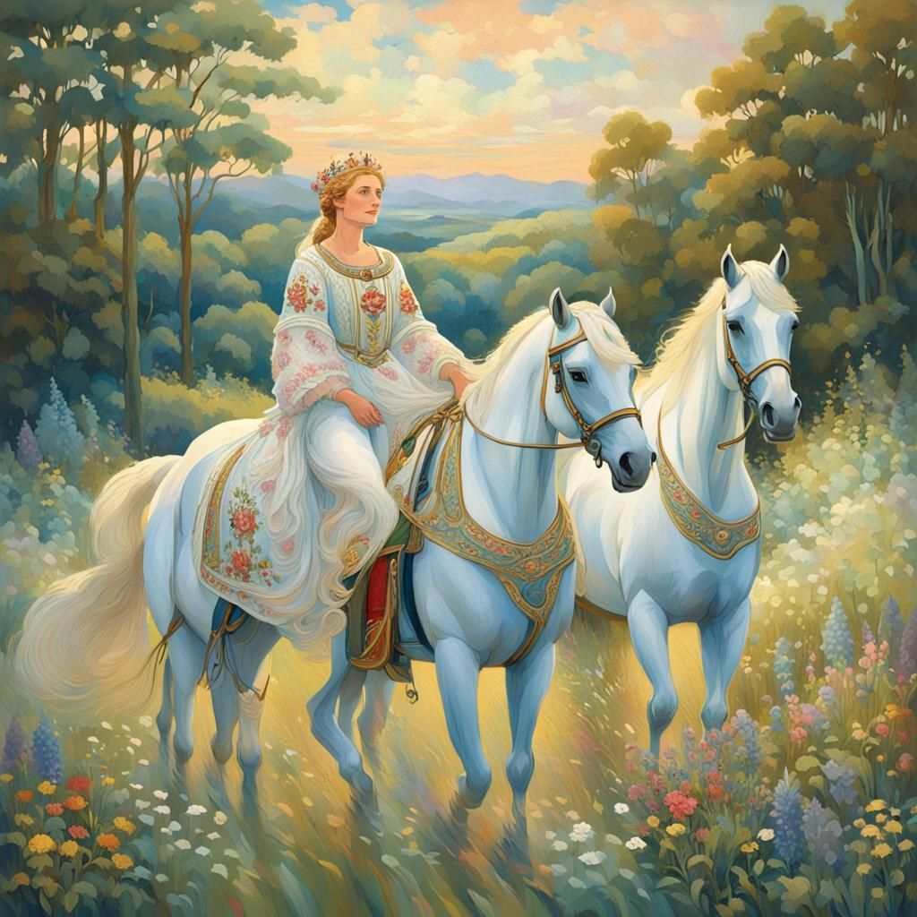 Swedish Lady with White Horses in Pastel Colors