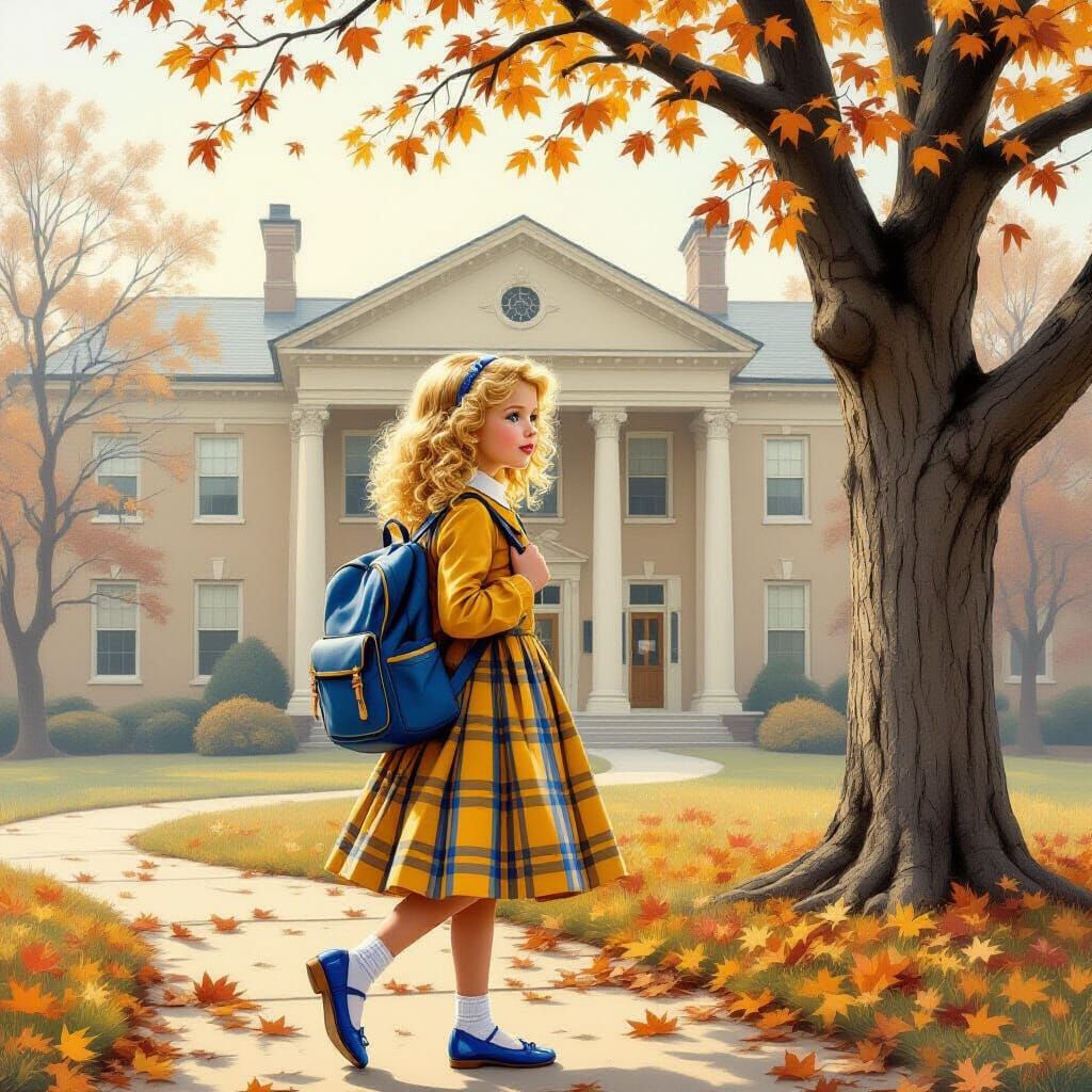 Blonde Schoolgirl in Autumn Mist, Kinkade Style